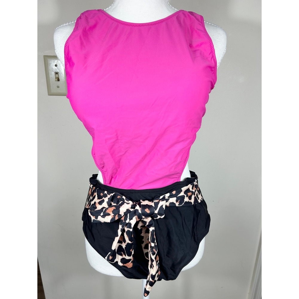 Live Life on‎ the Beach One Piece Swimsuit XL Pink Black Leopard Cutout NWT Bold